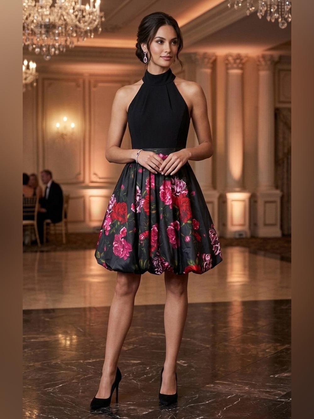 Woman Dress Modern Romantic Black & Crimson Rose Fit-and-Flare Dress Size S